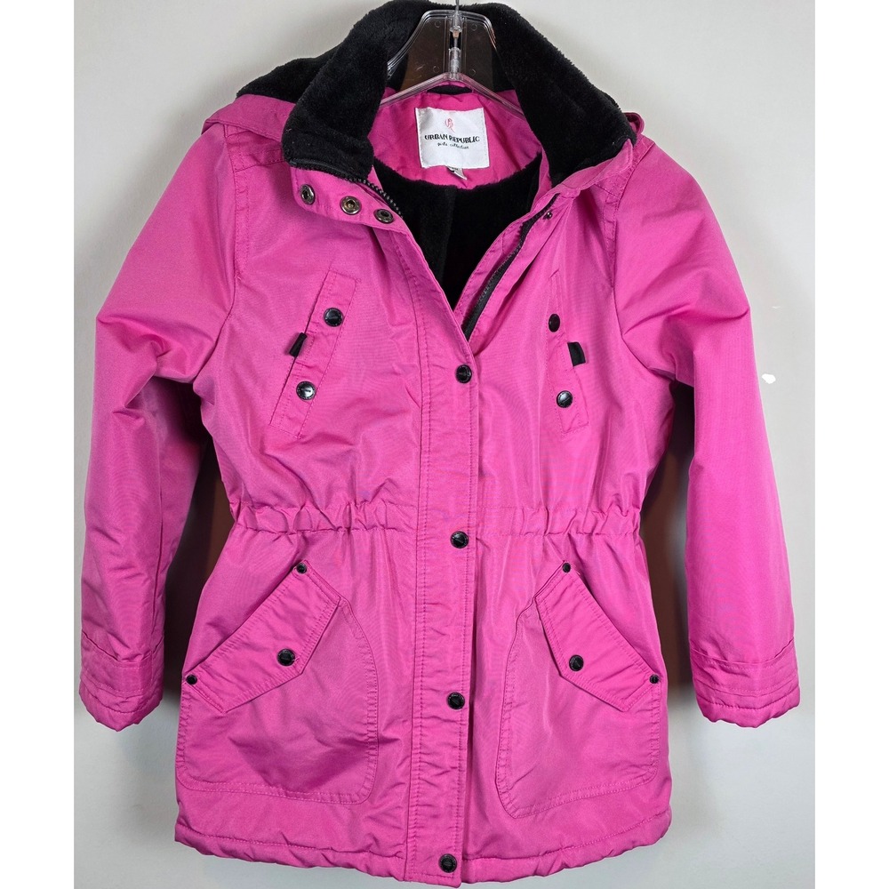 Urban Republic Girls Sz 14 Pink Lined Hooded Parka Jacket Adjustable Waist